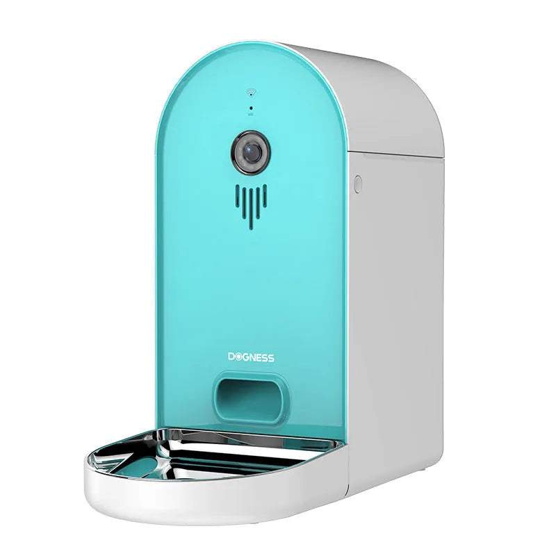 Automatic pet feeder in Barbie pink colour with ivory white accents showing feeding mechanism