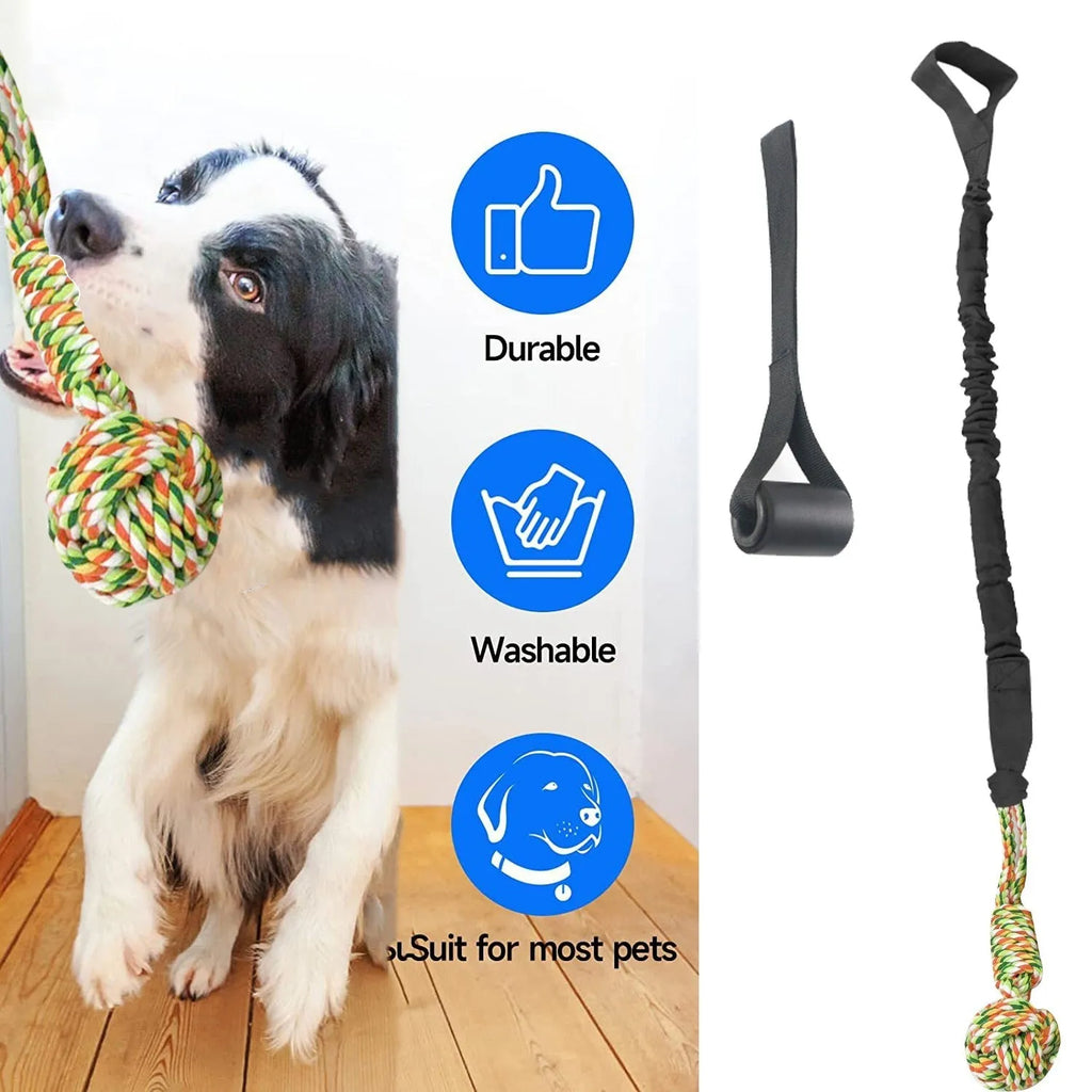 Woven cotton dog tug of war rope toy in black, grey, or red for chewing and interactive play.