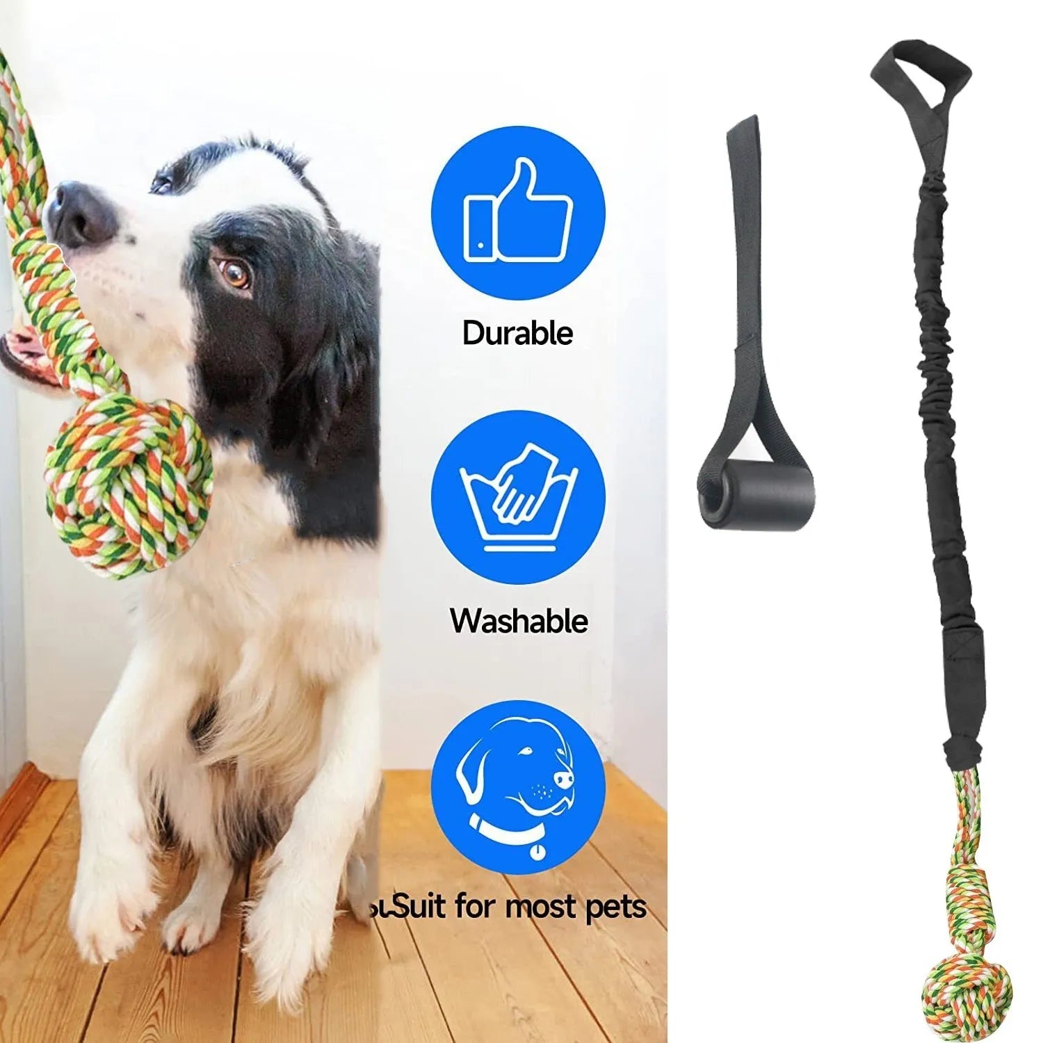 Woven cotton dog tug of war rope toy in black, grey, or red for chewing and interactive play.