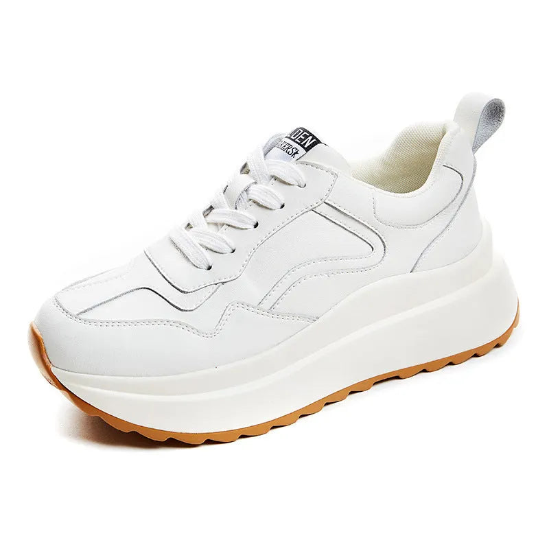 Women's white beige cowhide leather casual sports shoes with cross strap and English muffin heel