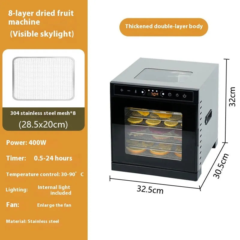 Stainless steel fruit dehydrator with visual skylight window and stackable trays for drying fruits and vegetables