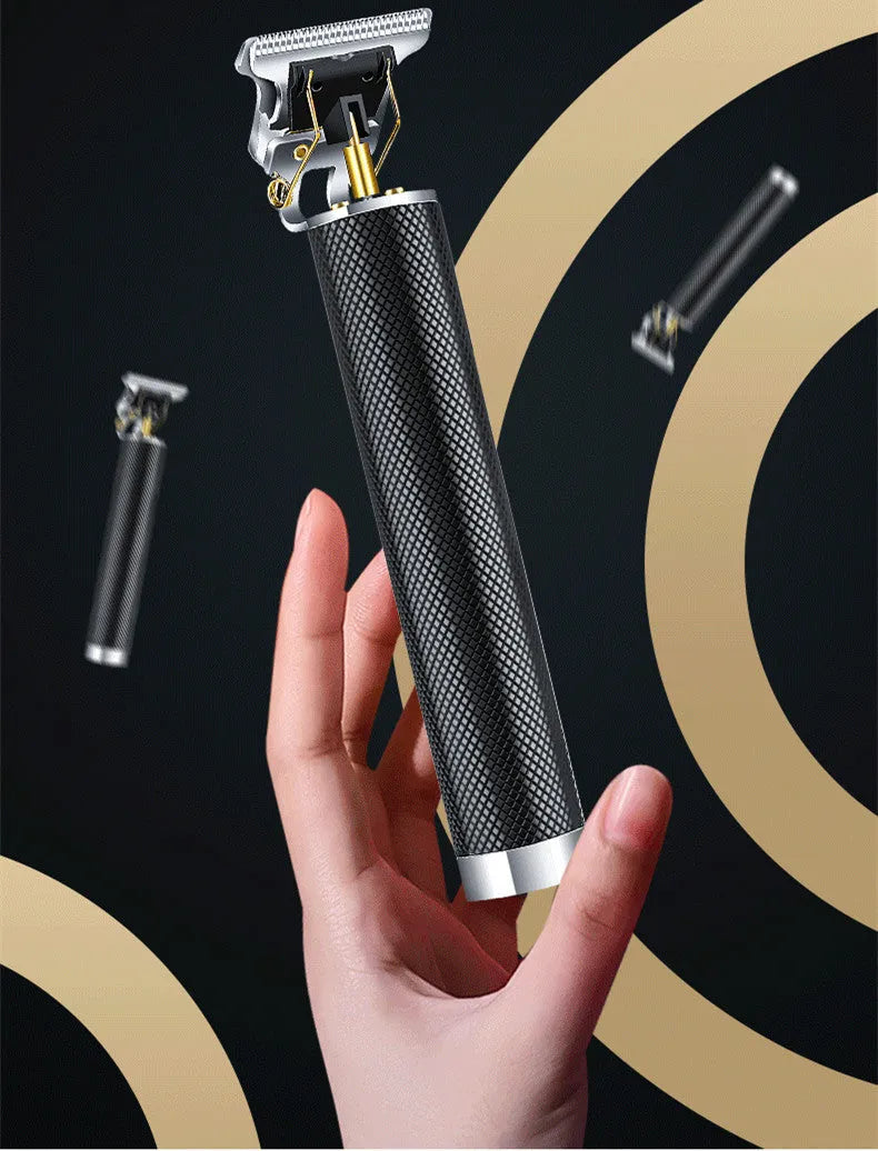 Black electric hair clipper with gold steel blades, four comb attachments, and USB charger