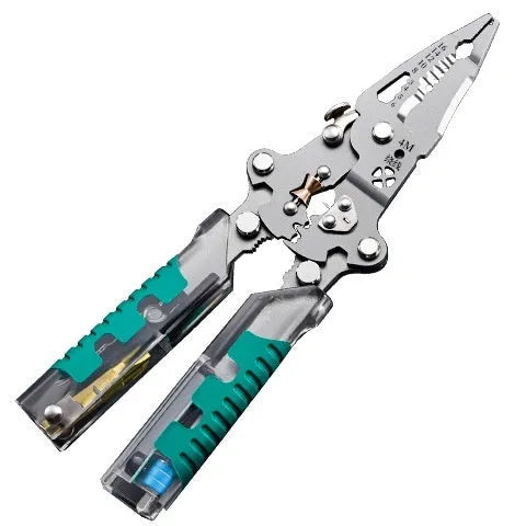 Thickened multi-functional electric wire stripper and pointed pliers tool on a workbench.