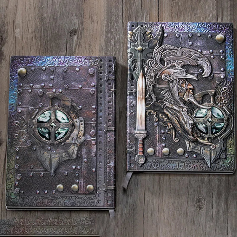 Handmade leather A5 notebook with 3D warriors embossed relief cover showing bronze colour option