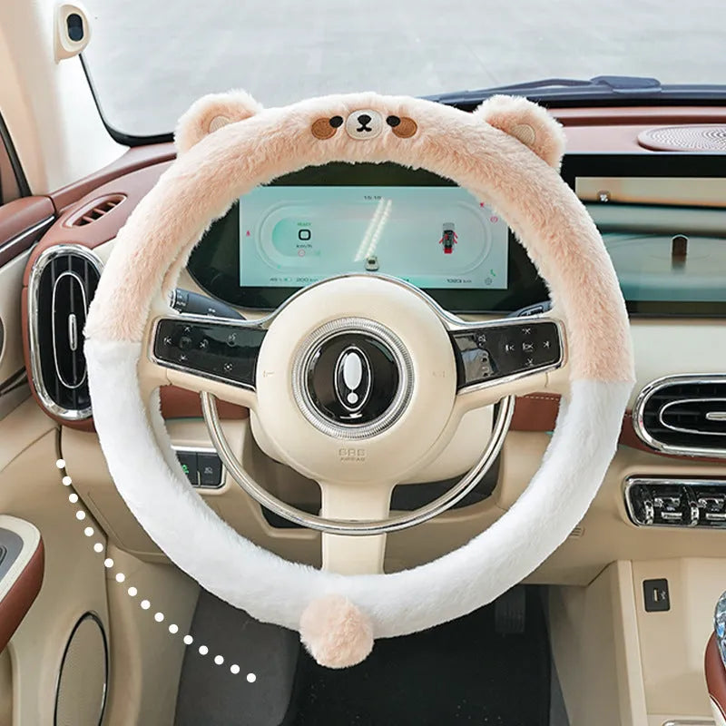 Rabbit fur winter steering wheel cover with cartoon embroidery in 38cm diameter