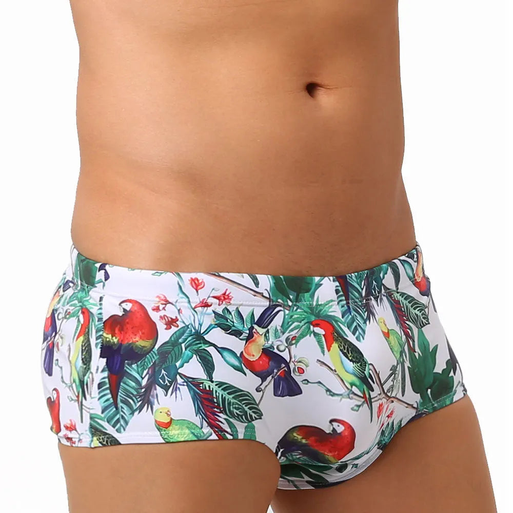 Men's flower and bird print swimming trunks in nylon boxer brief style