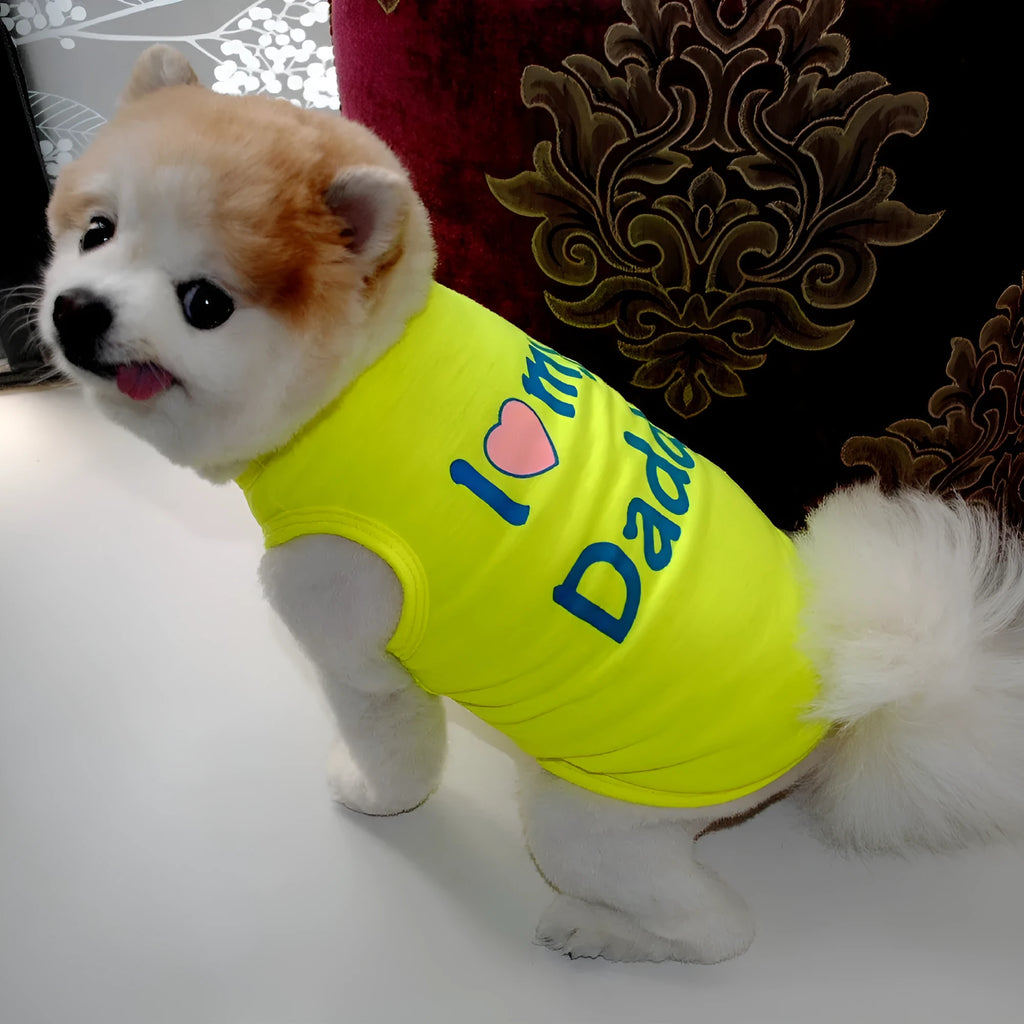 Pet puppy vest in pink with Love Mom text, polyester casual coat
