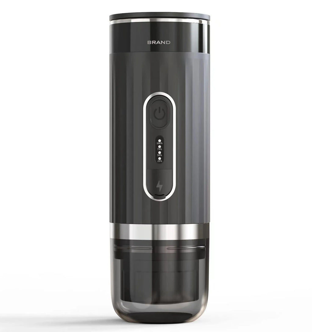 Black portable K-cup coffee machine for travel and vehicle mounting