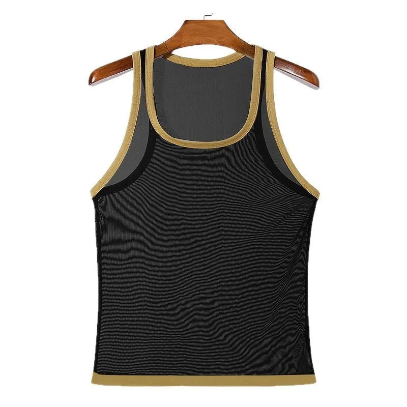 Men's solid colour sleeveless mesh fitness vest in a tight amekaji style.