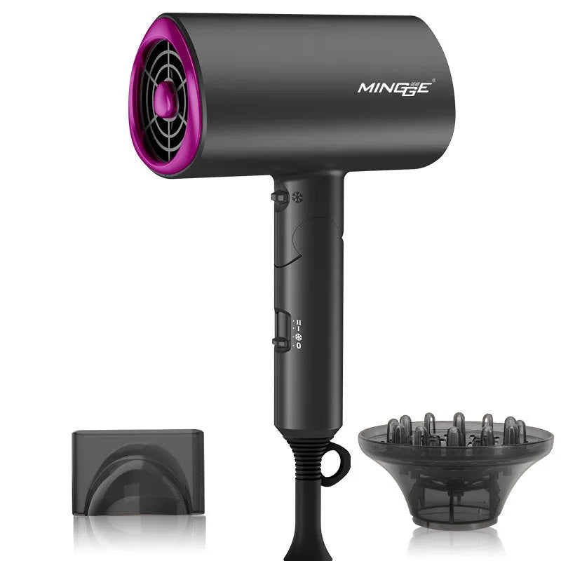 White 1600W negative ion hair dryer with concentrator nozzle and foldable handle on blue background