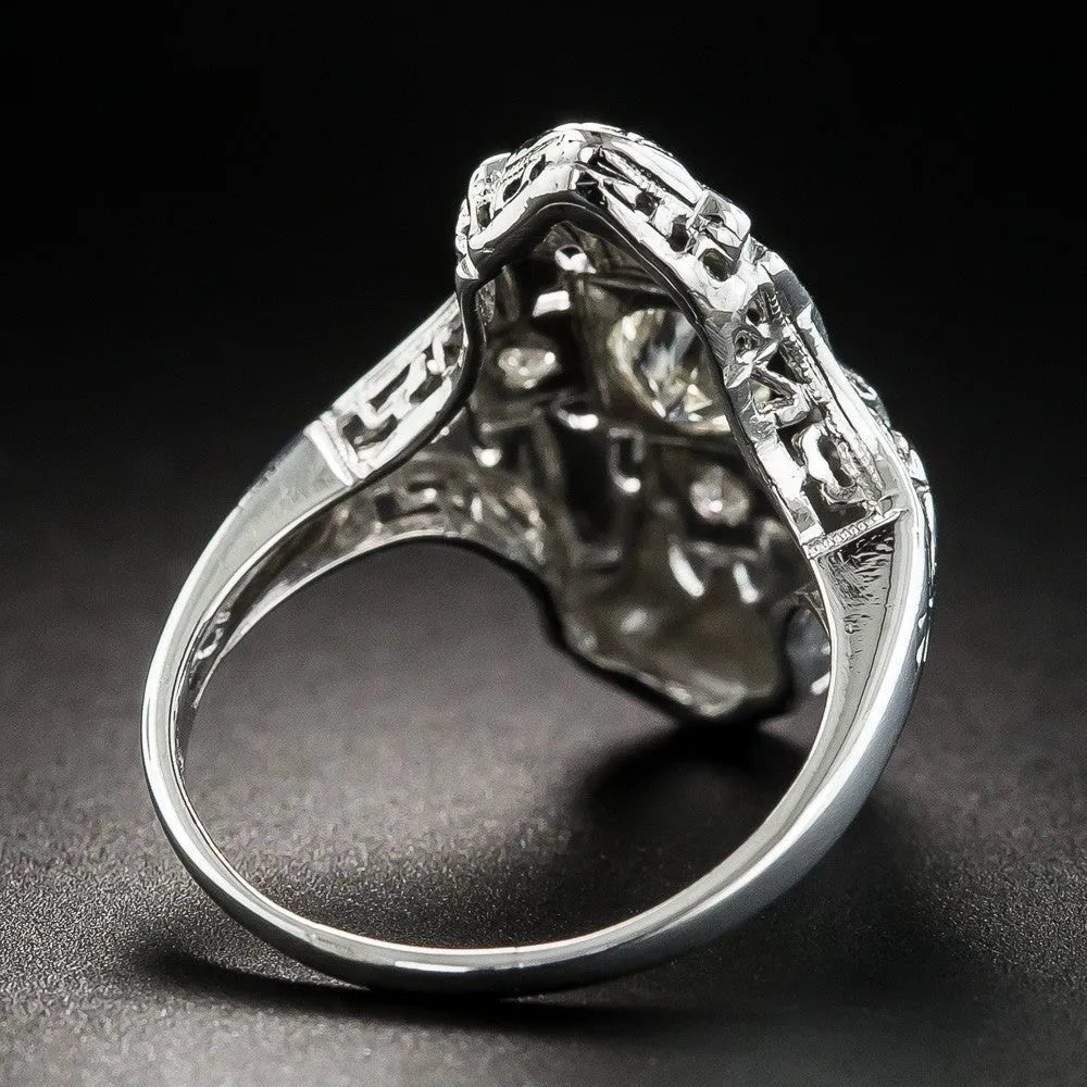 Geometric hollow-out copper ring with electroplated silver finish and diamond studs