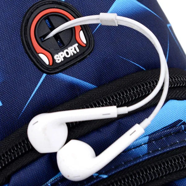 Men's crossbody messenger bag with earphone hole in Oxford cloth, showing zipper opening and shoulder strap