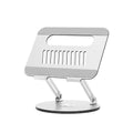 Silver aluminium laptop stand with height adjustment and rotation features