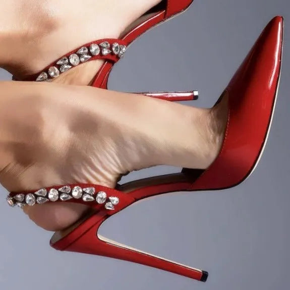 Pointed toe high heel sandals with rhinestone decoration on the side, shown in patent leather red with an 11cm heel.