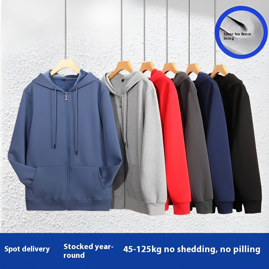 Men's beige heavyweight zip-front hooded cardigan sweater on a hanger.