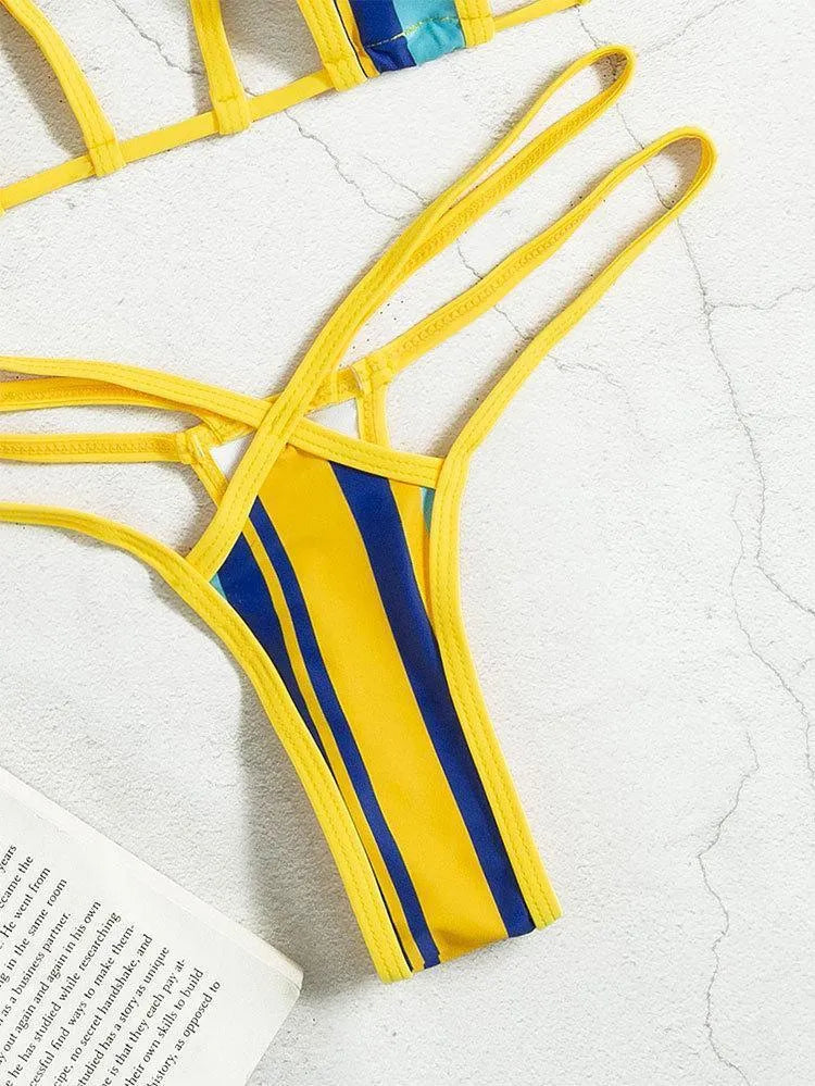 Yellow women's split swimsuit with neck-hanging style, hollow back, and high-waisted briefs