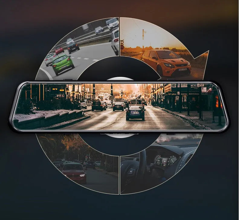 R9 8 inch black driving recorder with dual lens on windscreen showing 1080p display