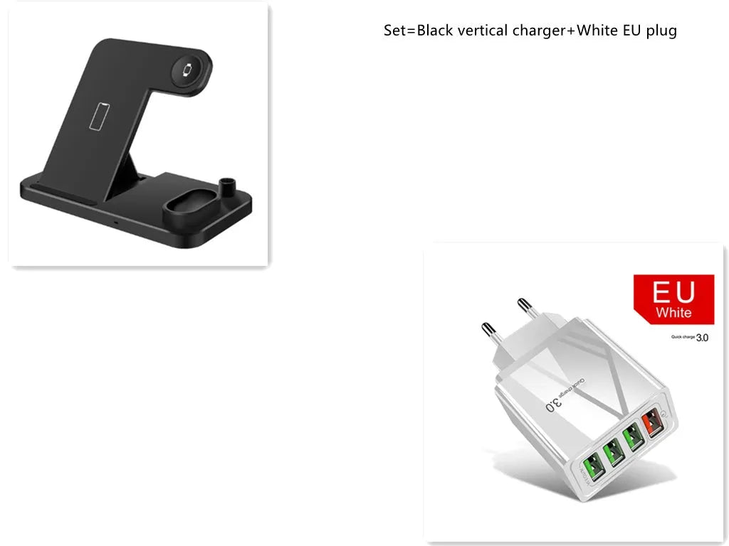 4-in-1 wireless charging station showing phone, Apple Watch, AirPods and Apple Pencil charging simultaneously on adjustable stand