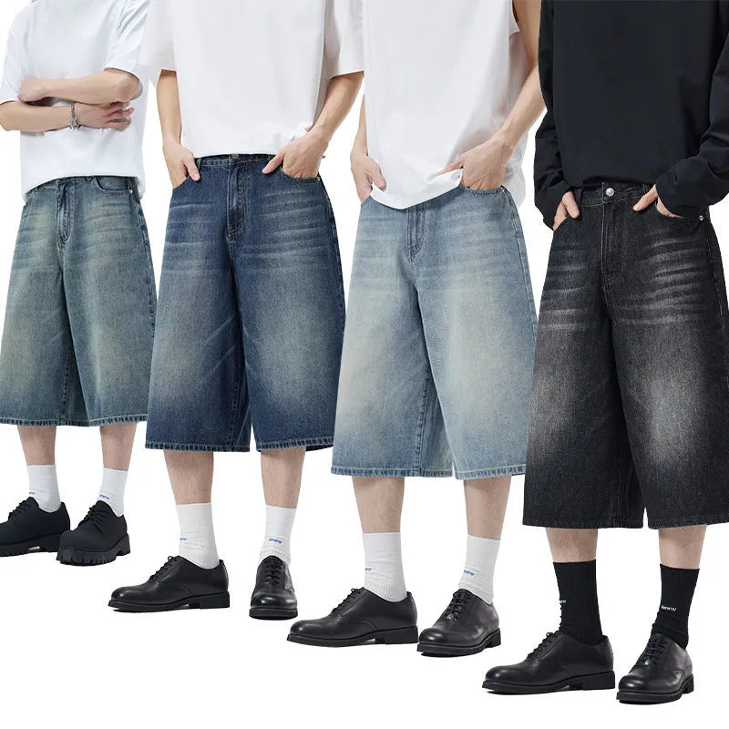 Men's straight-leg denim shorts in light blue colour with cropped length and casual styling