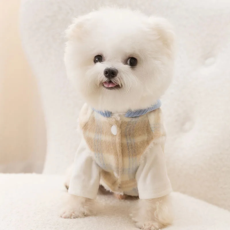 Blue corduroy pet hooded vest with chessboard grid pattern showing hood and traction design