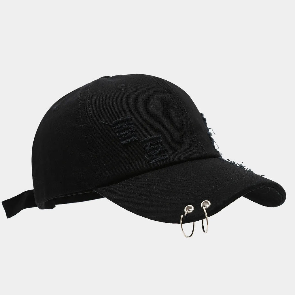 Men's black denim peaked cap with adjustable strap and dome crown on a plain background.