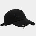Men's black denim peaked cap with adjustable strap and dome crown on a plain background.