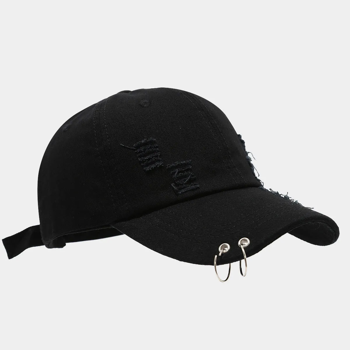 Men's black denim peaked cap with adjustable strap and dome crown on a plain background.