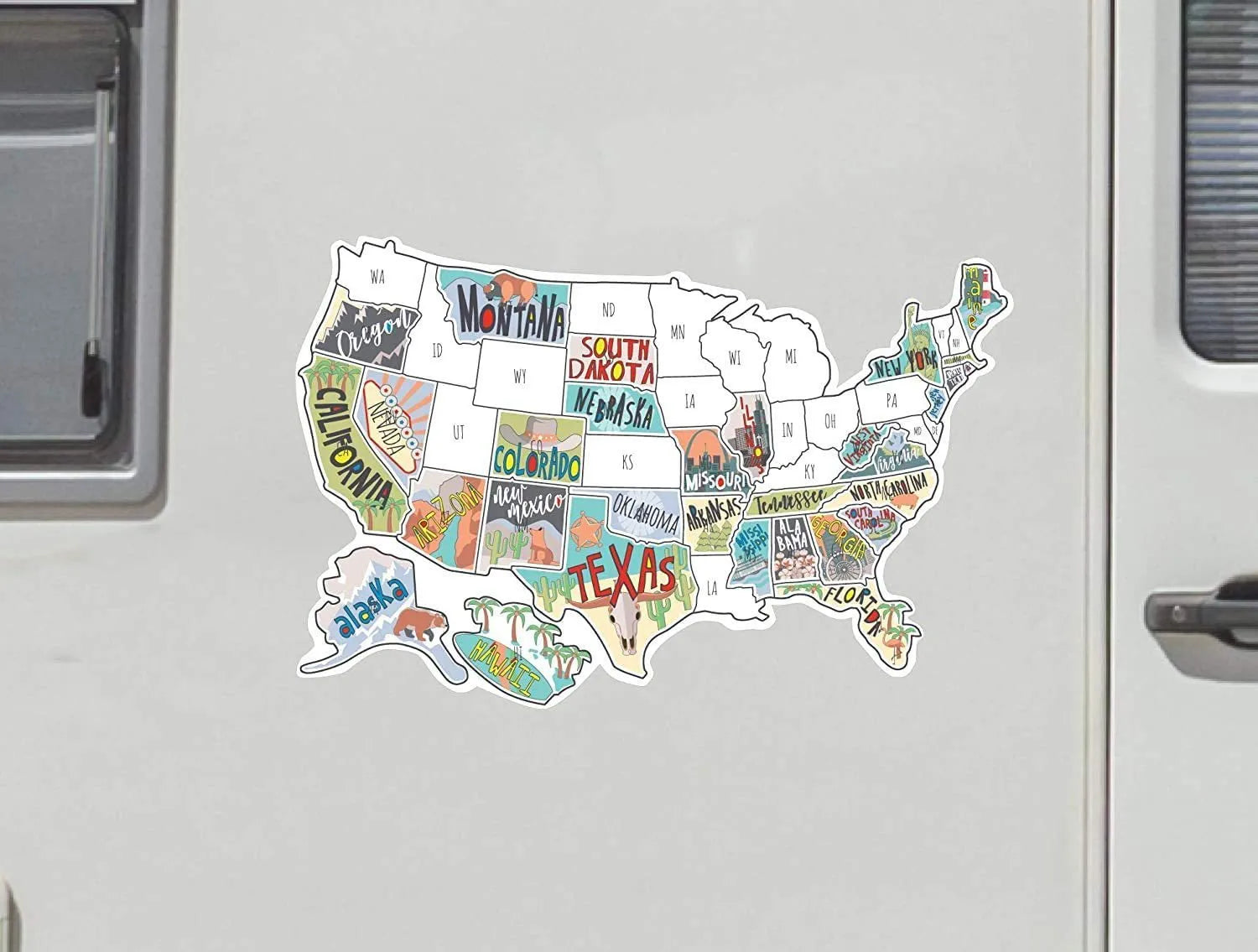 Travel-themed car body sticker set with world map designs and lettering in adhesive vinyl material