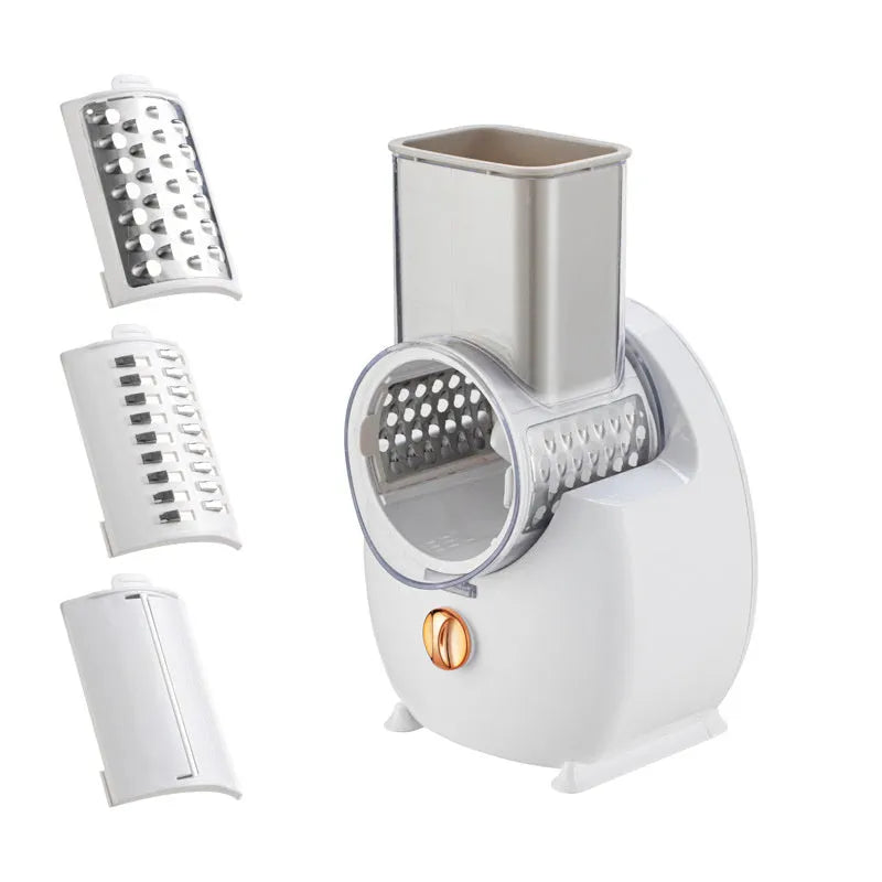 White electric vegetable slicer with suction base and multiple blades for potato and carrot cutting