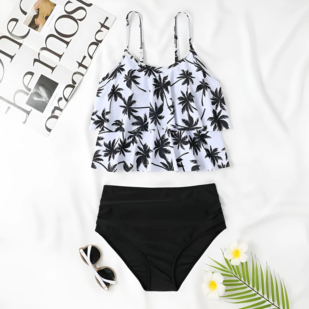 High waist double-layer swimsuit in black or coconut tree print, sleeveless with briefs.
