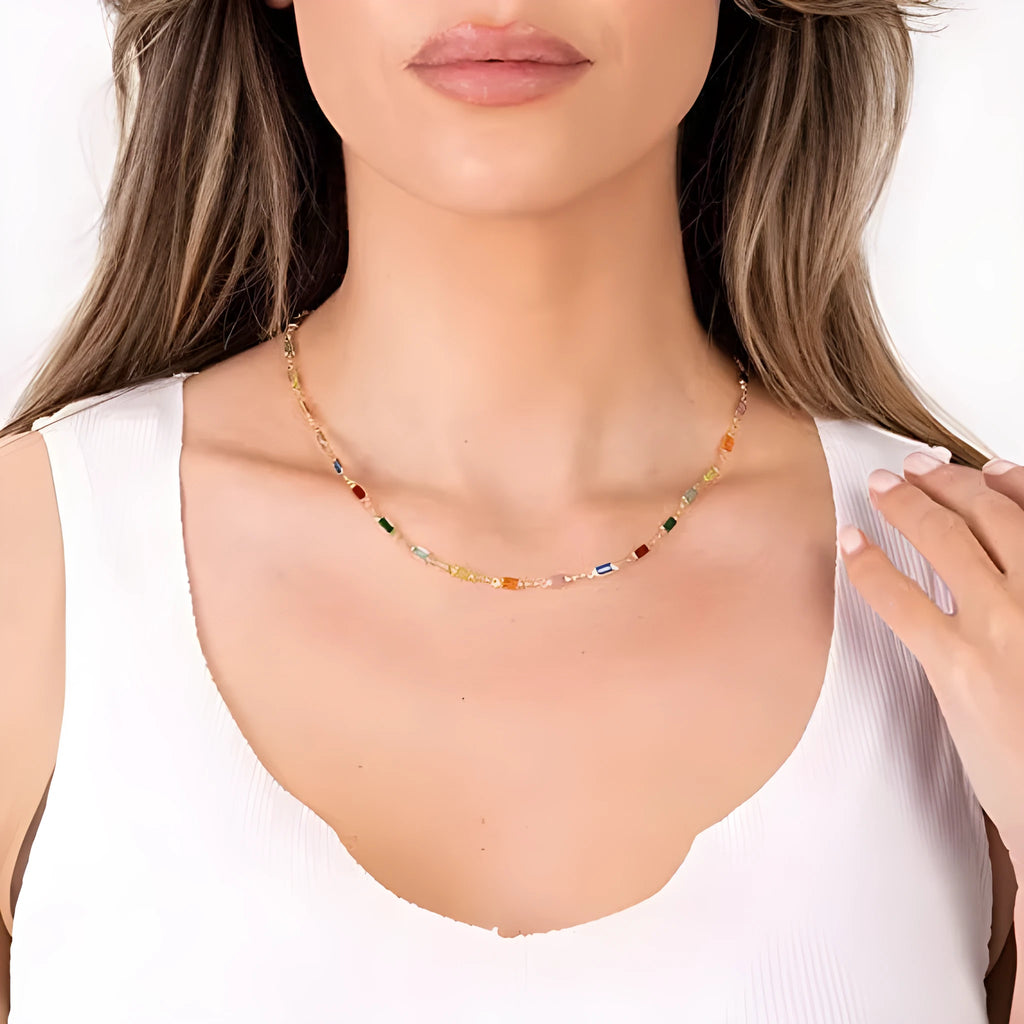 Ladies' geometric crystal necklace with alloy chain and glass pendant on model