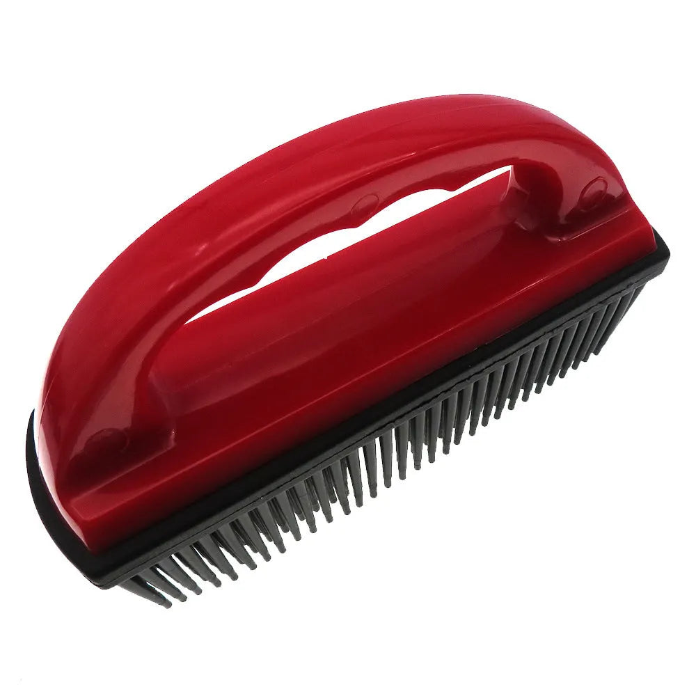 Red silicone pet hair removal brush with ergonomic handle for bath grooming and carpet cleaning