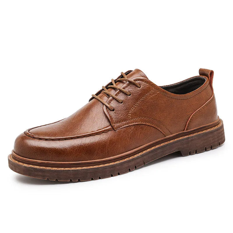 Men's brown casual leather slip-on shoes with round toe and rubber sole