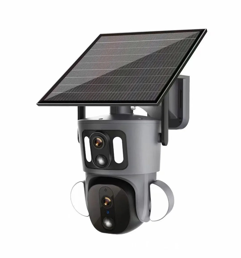Three-screen binocular surveillance camera with solar panel for outdoor wireless security monitoring
