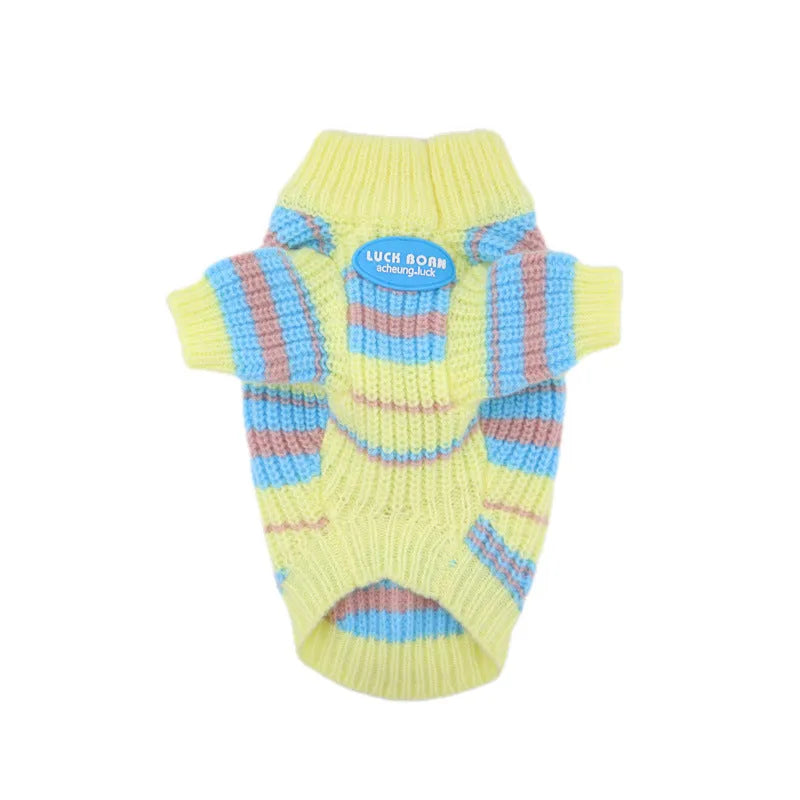 Blue and yellow striped wool dog sweater for small breeds in casual style