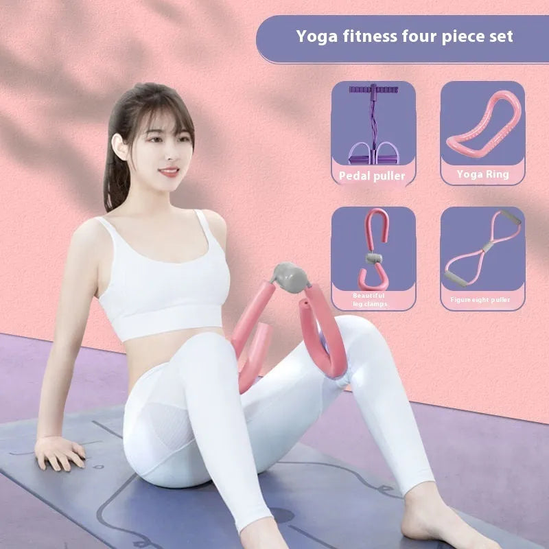 Yoga four-piece set showing a leg beauty device, yoga ring, pedal tension device, and figure eight tension rope.