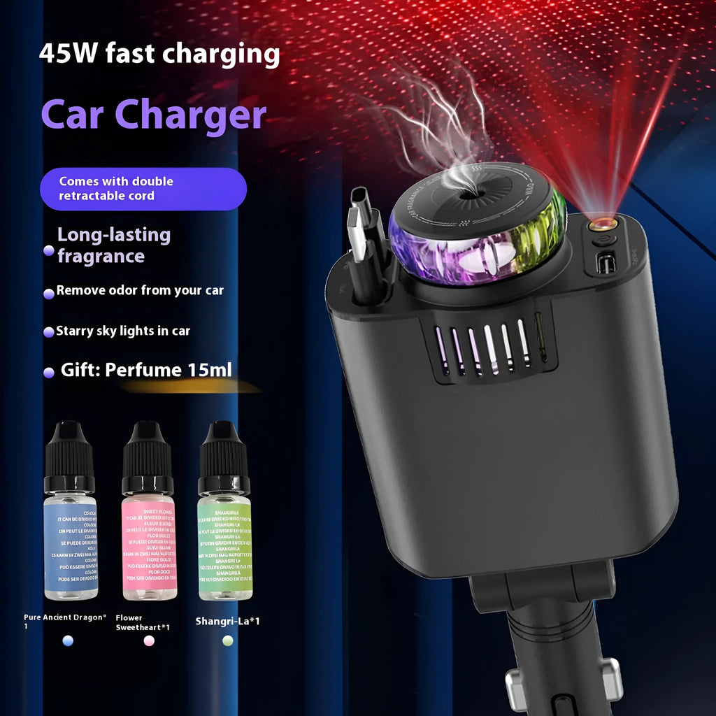 Perfume Starry Sky 120W fast charge car charger with triple cigarette lighter sockets and aromatherapy spray
