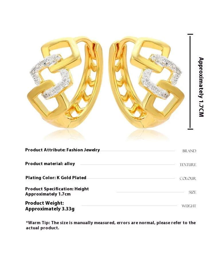 Geometric hollow-out gold earrings with electroplated finish and colour separation design