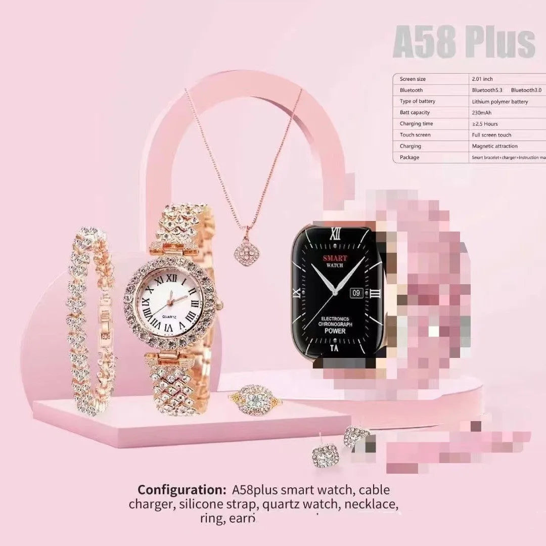 A58Plus Smart Watch Suit on wrist showing touch screen, available in black, gold, silver, grey, and beige colours.
