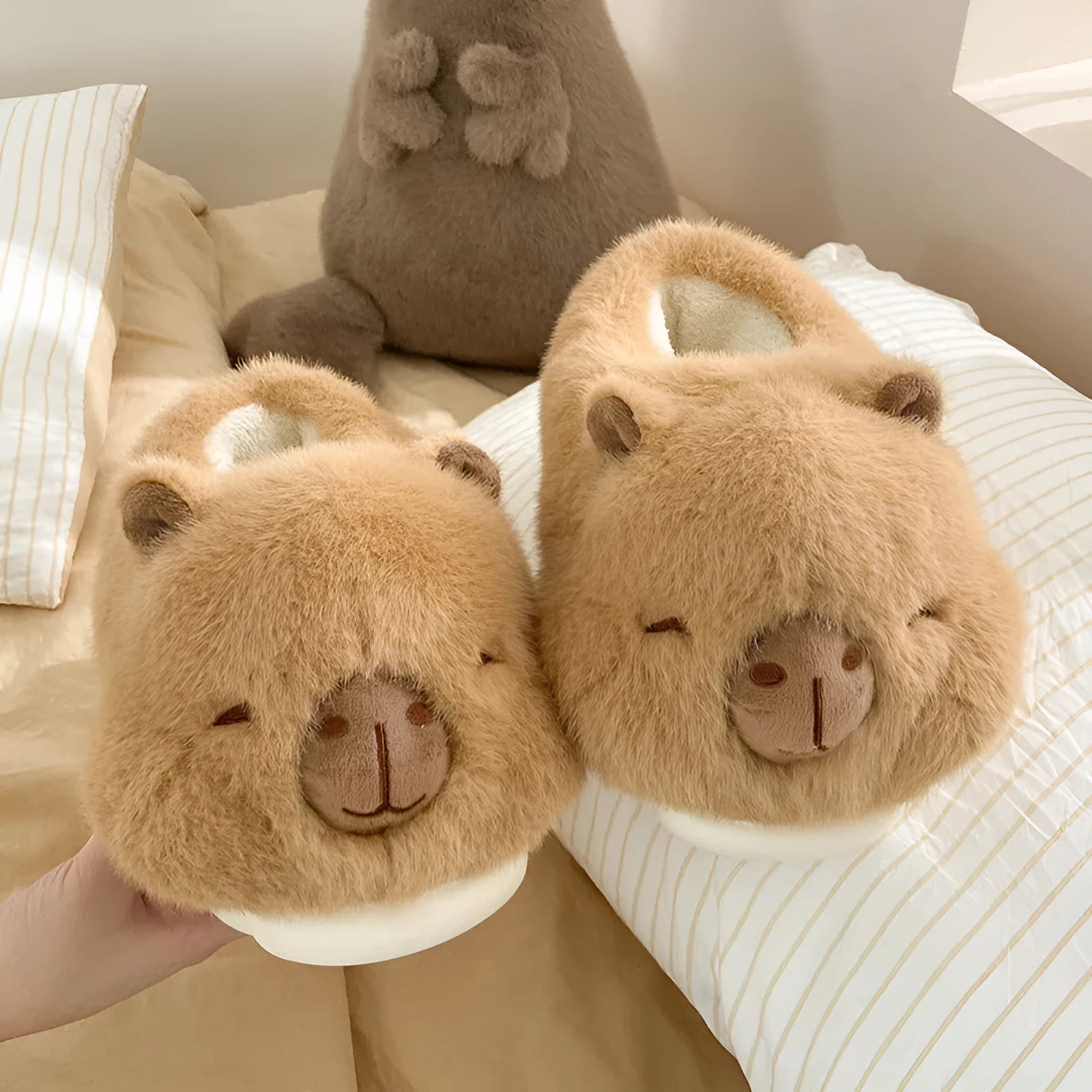 Light brown women's winter slippers with plush upper and artificial wool lining in adult sizes