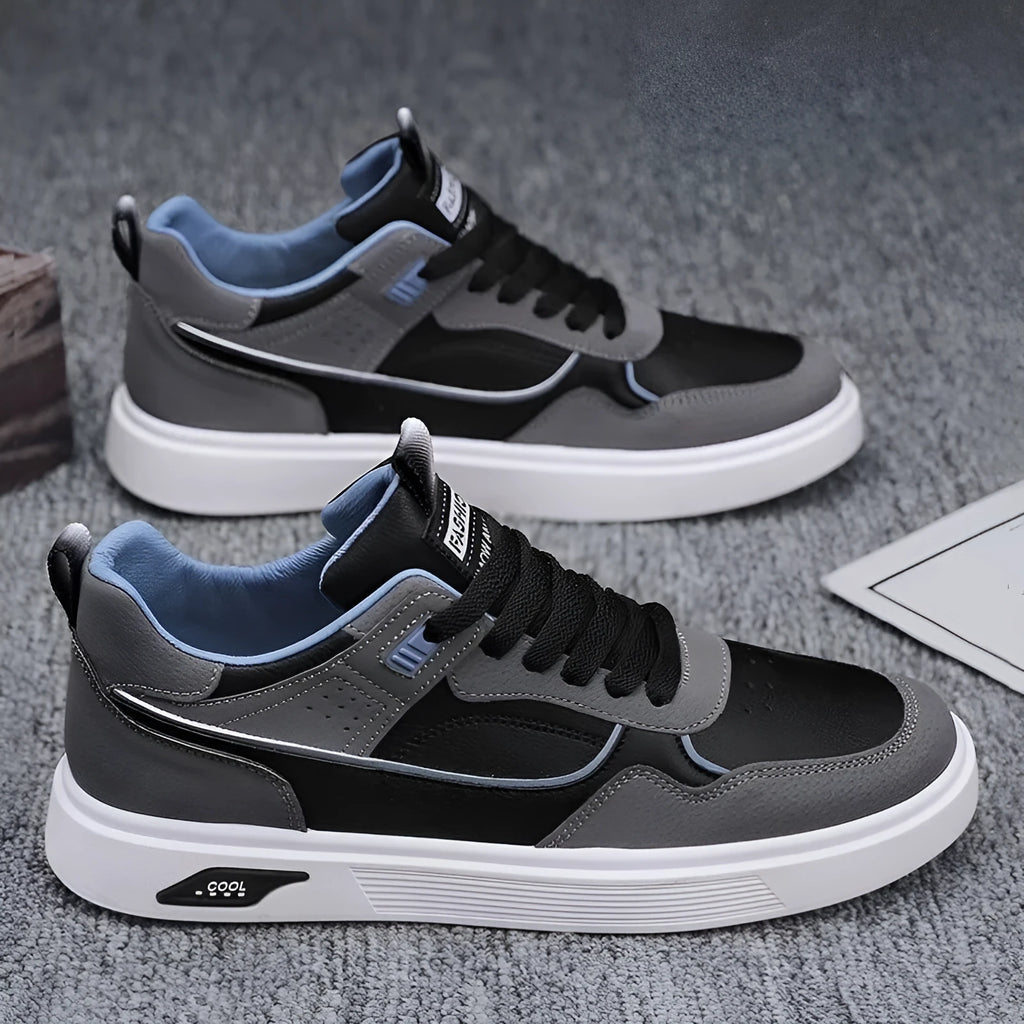 Men's low-top canvas board shoes in beige with leather stitching and mesh lining.