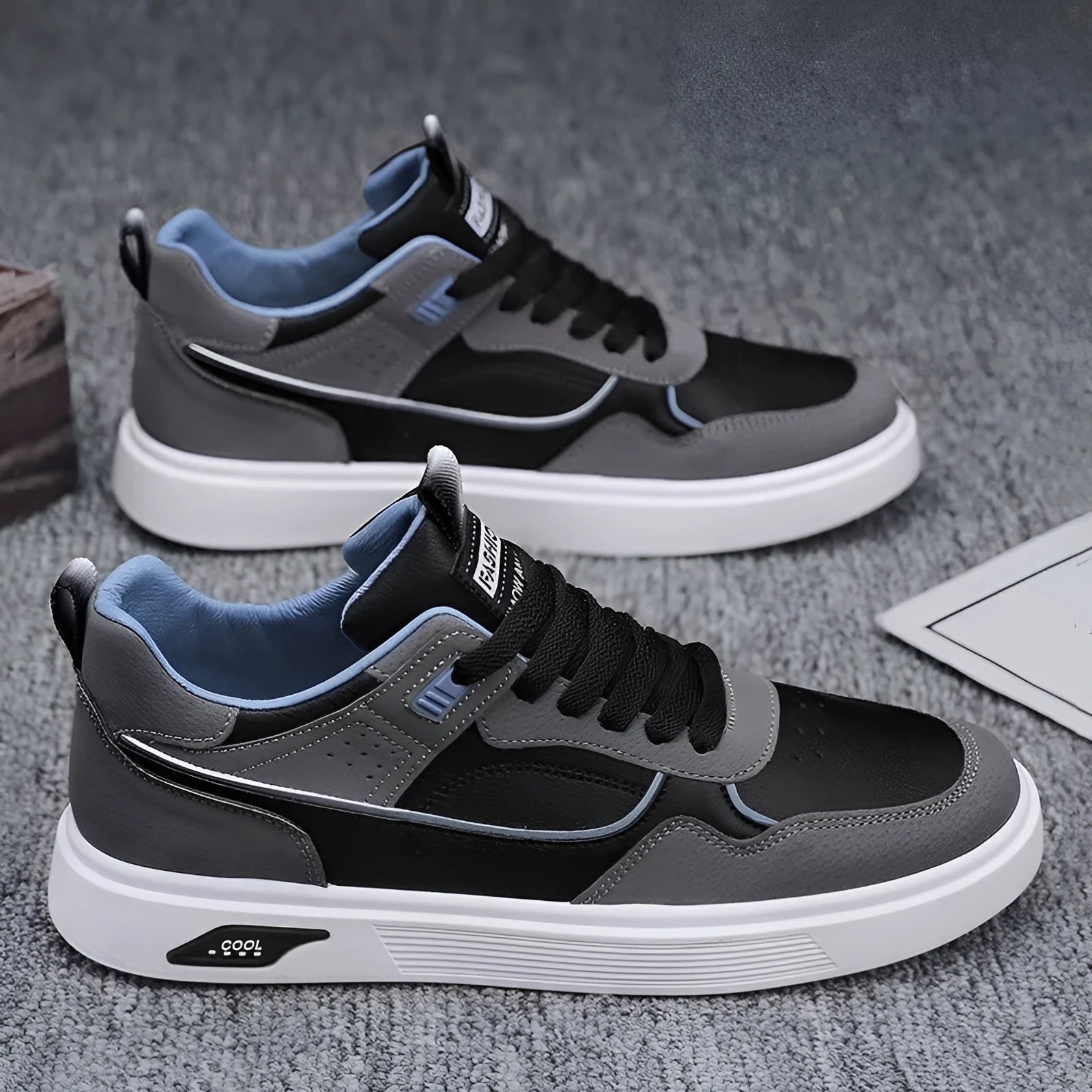 Men's low-top canvas board shoes in beige with leather stitching and mesh lining.