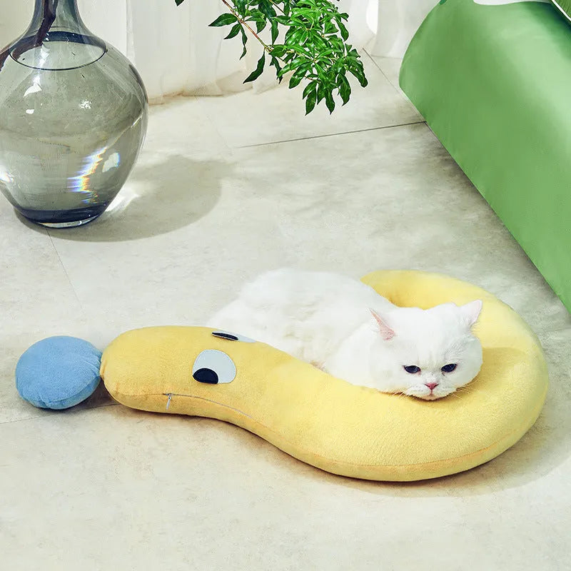 Blue or yellow rectangular pet pillow for cats and dogs on a white background