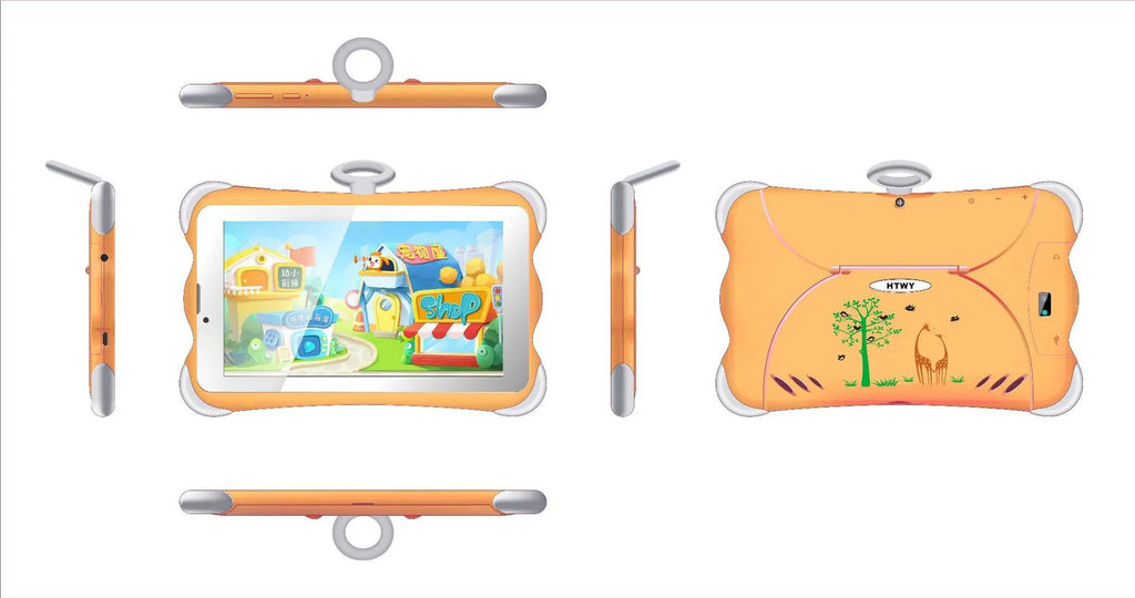 Children's 7-inch learning tablet in cartoon colours with protective stand and charger