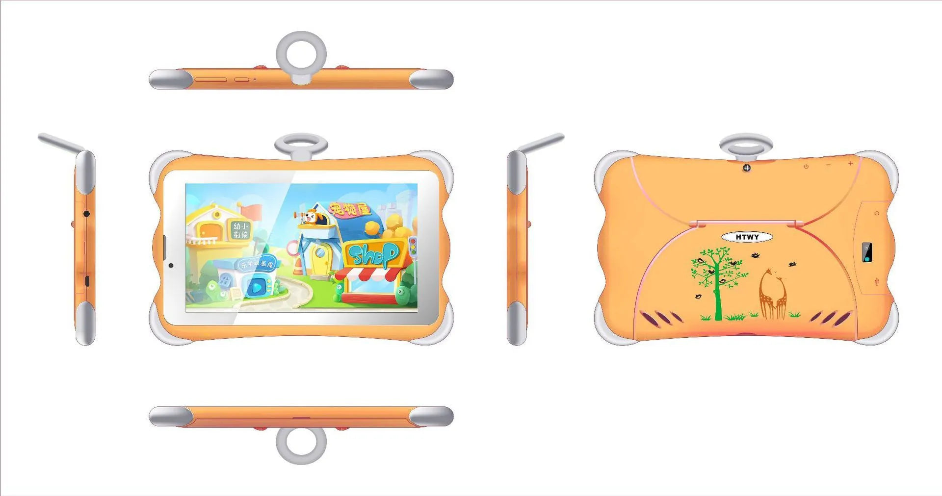 Children's 7-inch learning tablet in cartoon colours with protective stand and charger