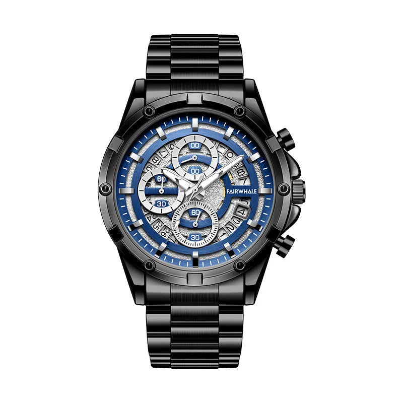 Men's waterproof luminous watch with steel belt in black and blue colour variant.