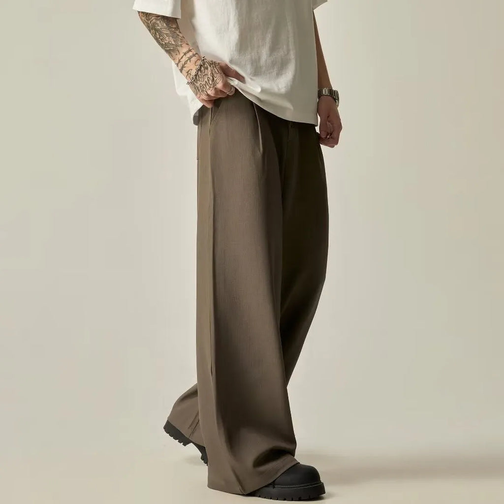 Men's black vertical tube wide-leg casual trousers with button fly and mid-waist design