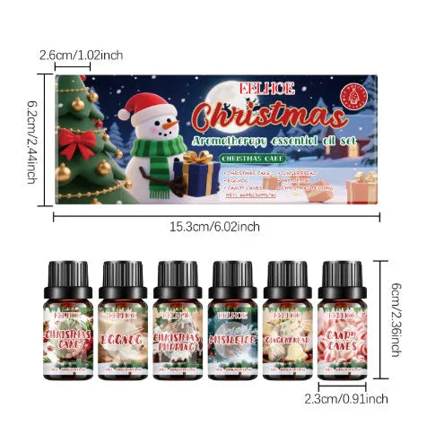 Christmas aromatherapy oil set showing six bottles including 60ml and 10ml sizes