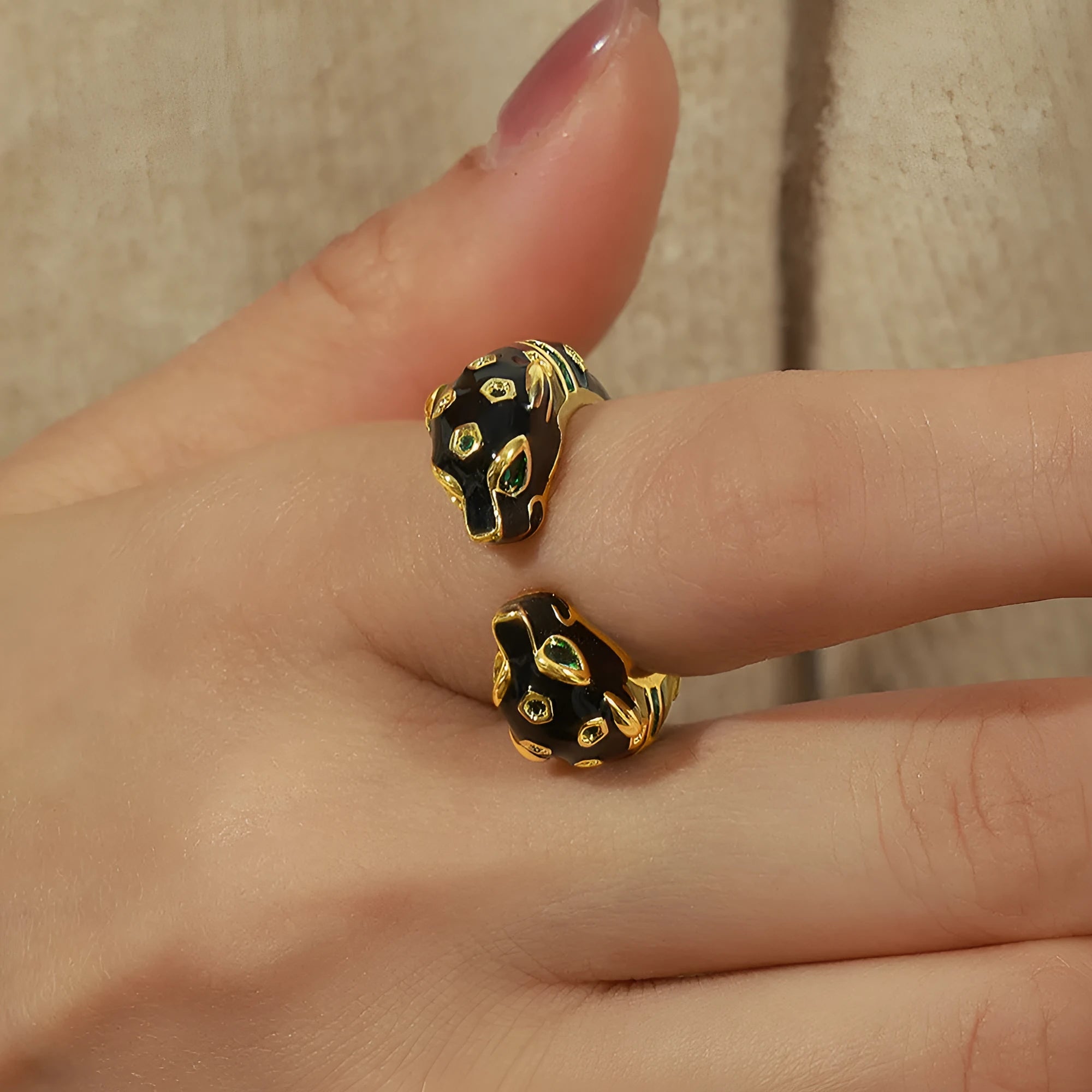 Women's black cheetah pattern open ring geometric design copper electroplated size 7