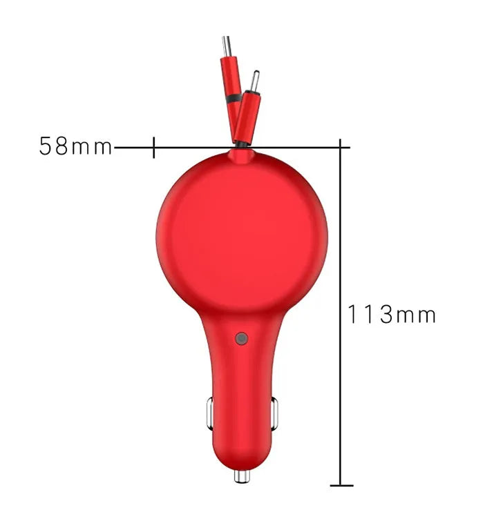 Black retractable dual-port car charger with extended cables showing Type-C and USB charging heads